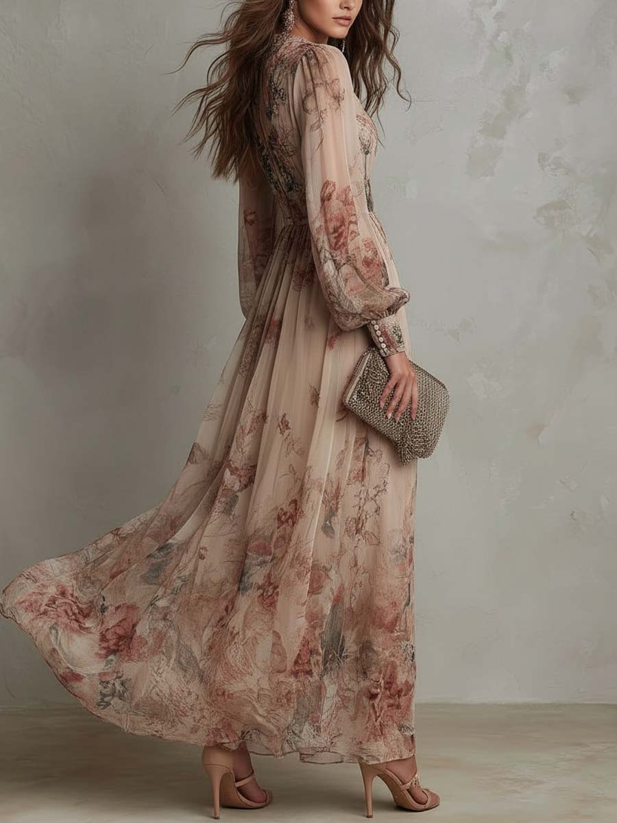 Lora | Vintage Floral Chiffon Long Sleeves Maxi Dress