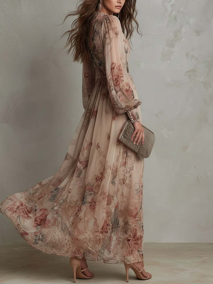 Lora | Vintage Floral Chiffon Long Sleeves Maxi Dress
