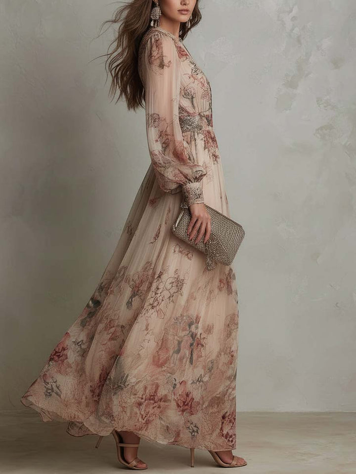 Lora | Vintage Floral Chiffon Long Sleeves Maxi Dress