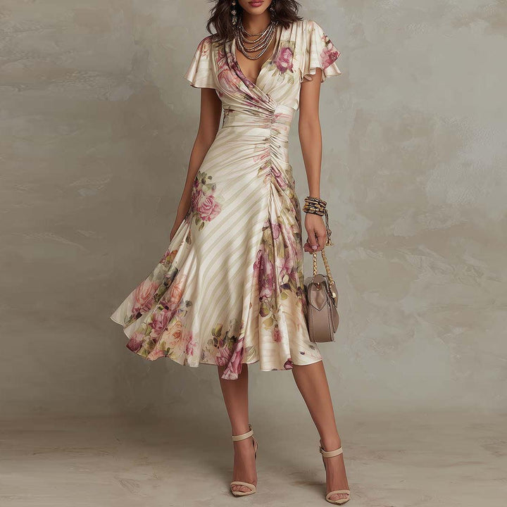 Lora | Groovy Floral Print Short Sleeve Midi Dress