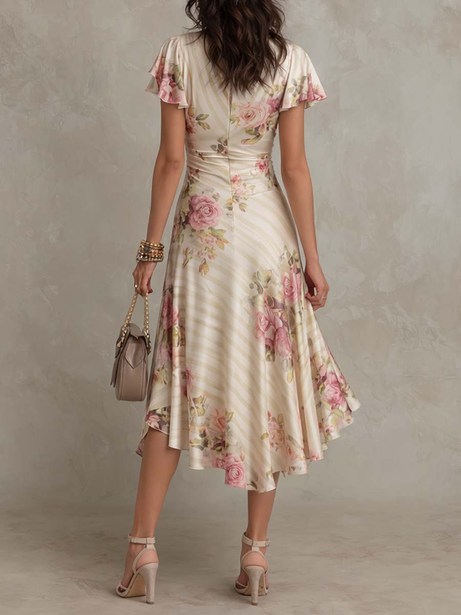 Lora | Groovy Floral Print Short Sleeve Midi Dress