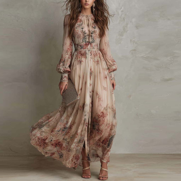 Lora | Vintage Floral Chiffon Long Sleeves Maxi Dress