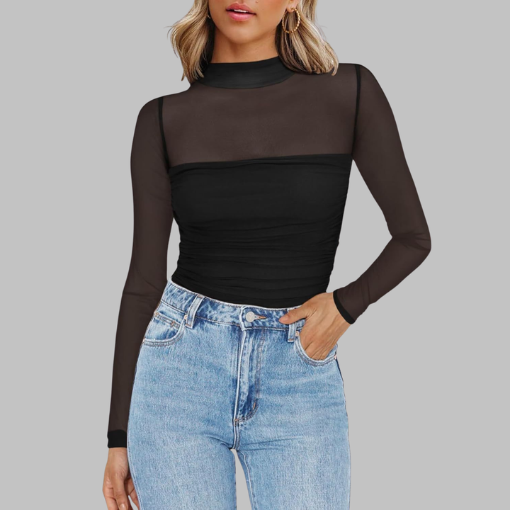 Vega | Chic Sheer Mesh See-Through Long Sleeve Top