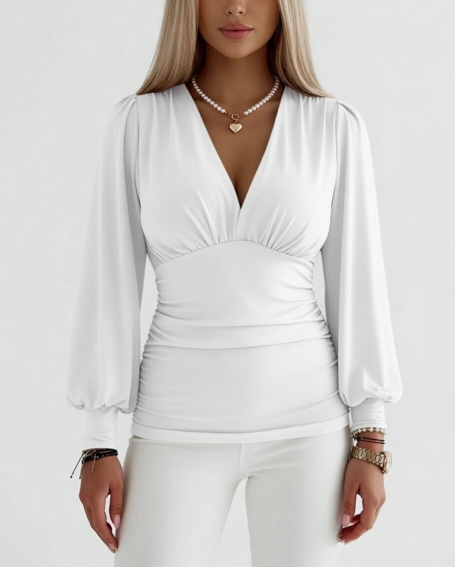 Georgina | Elegant Ruched Deep V-Neck Long Sleeve Blouse