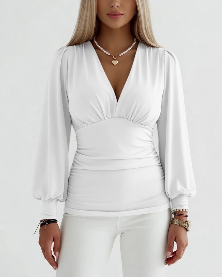 Georgina | Elegant Ruched Deep V-Neck Long Sleeve Blouse