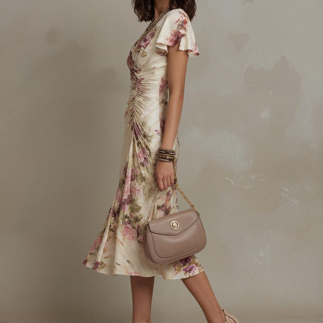 Lora | Groovy Floral Print Short Sleeve Midi Dress