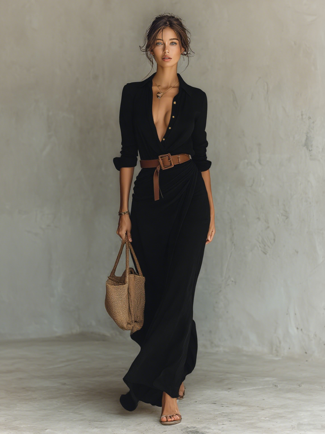 Lora | Maxi Long Dress with Lapel Collar and Long Sleeves for Women