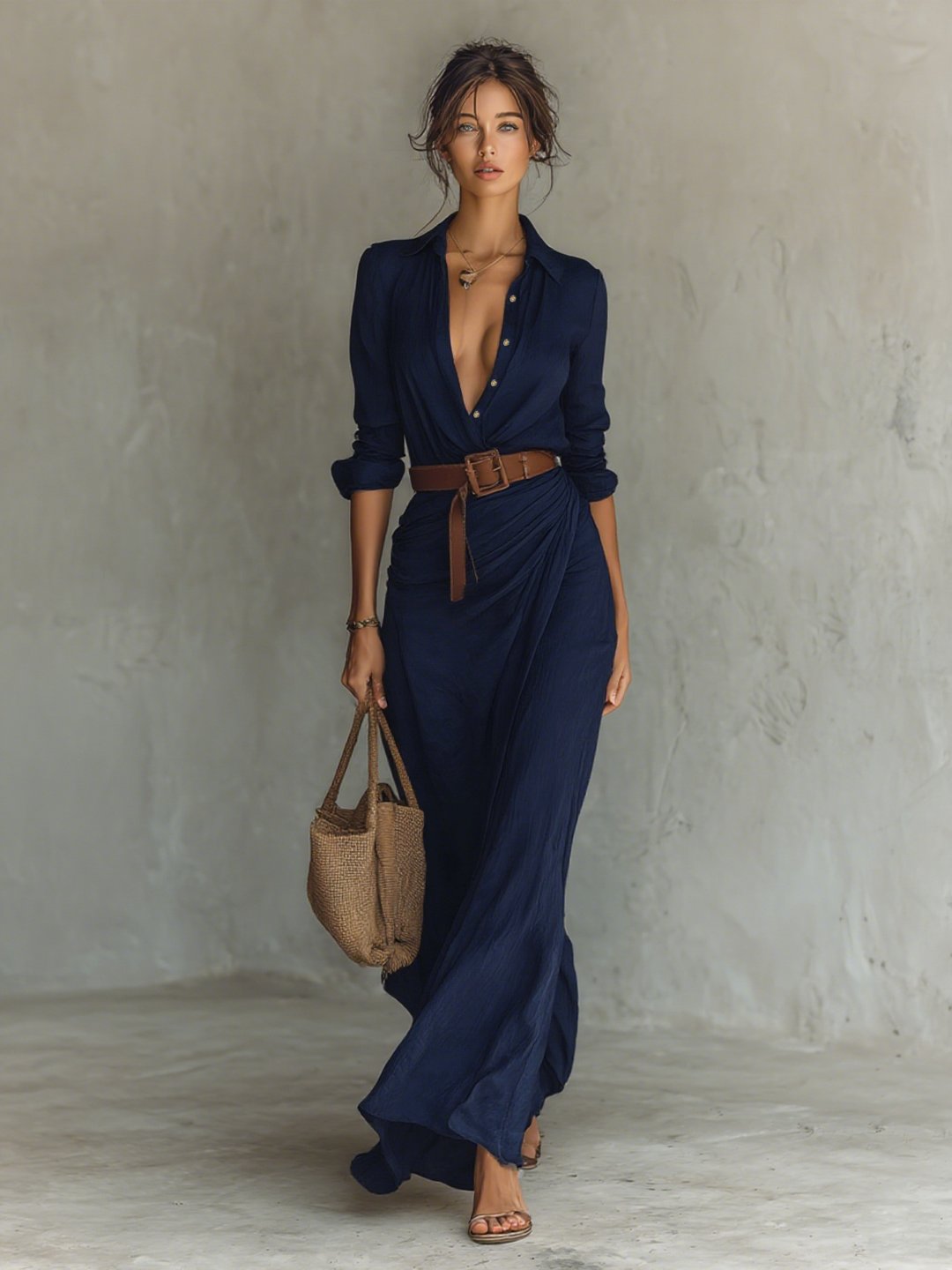Lora | Maxi Long Dress with Lapel Collar and Long Sleeves for Women