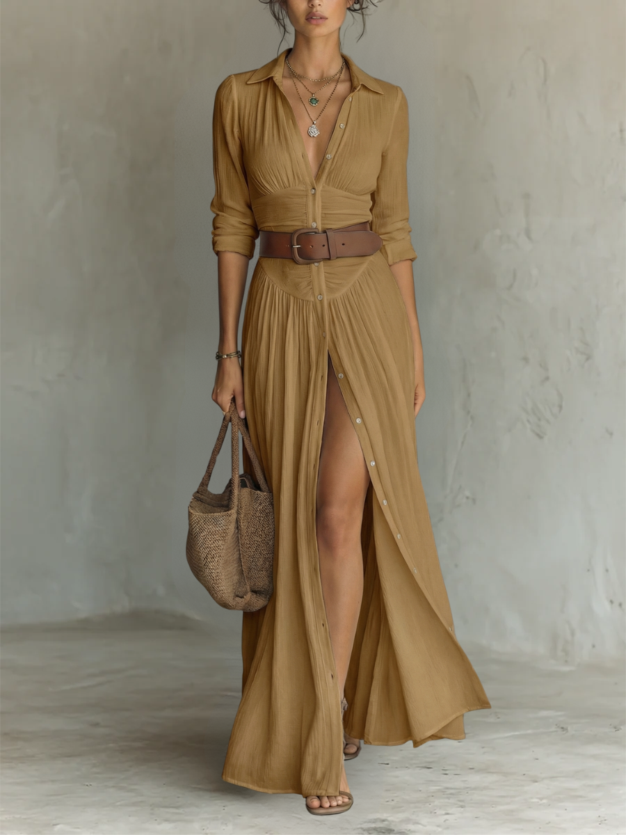 Lora | Long Maxi Linen Dress with Notched Collar and Long Sleeves for Women