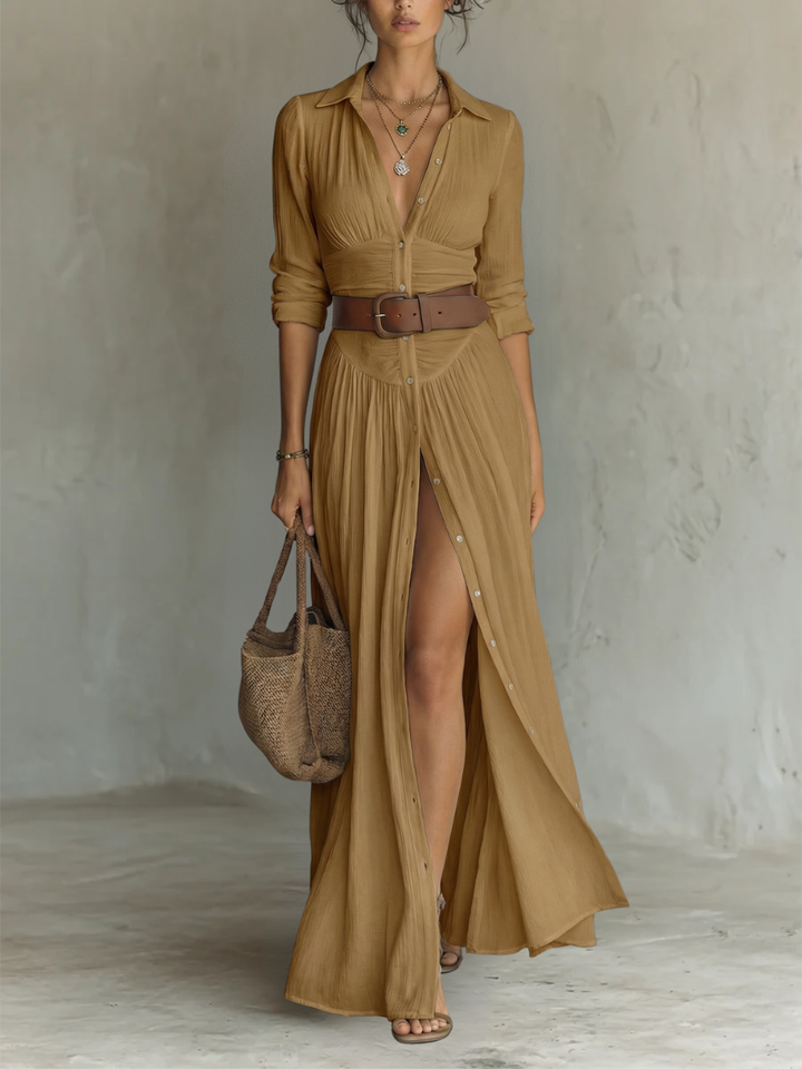 Lora | Long Maxi Linen Dress with Notched Collar and Long Sleeves for Women