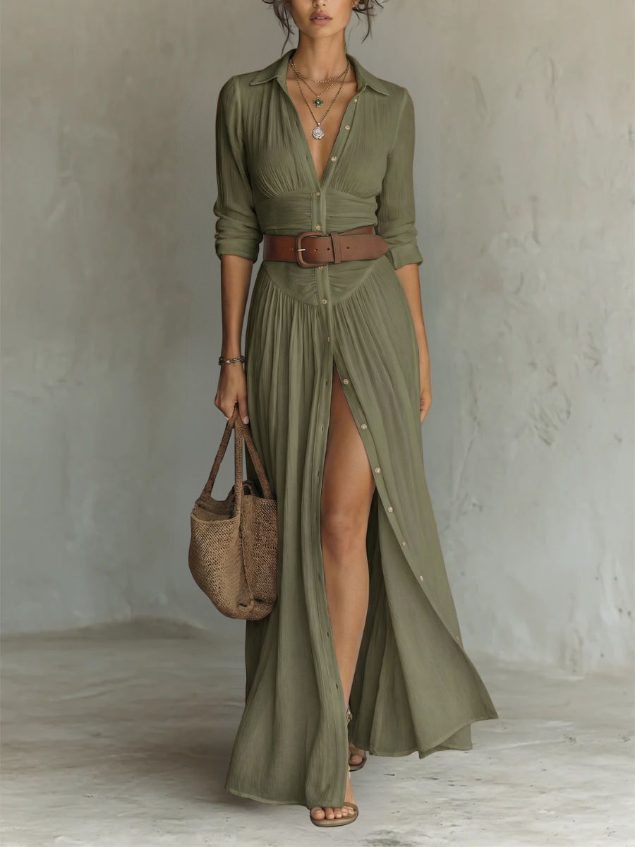 Lora | Long Maxi Linen Dress with Notched Collar and Long Sleeves for Women
