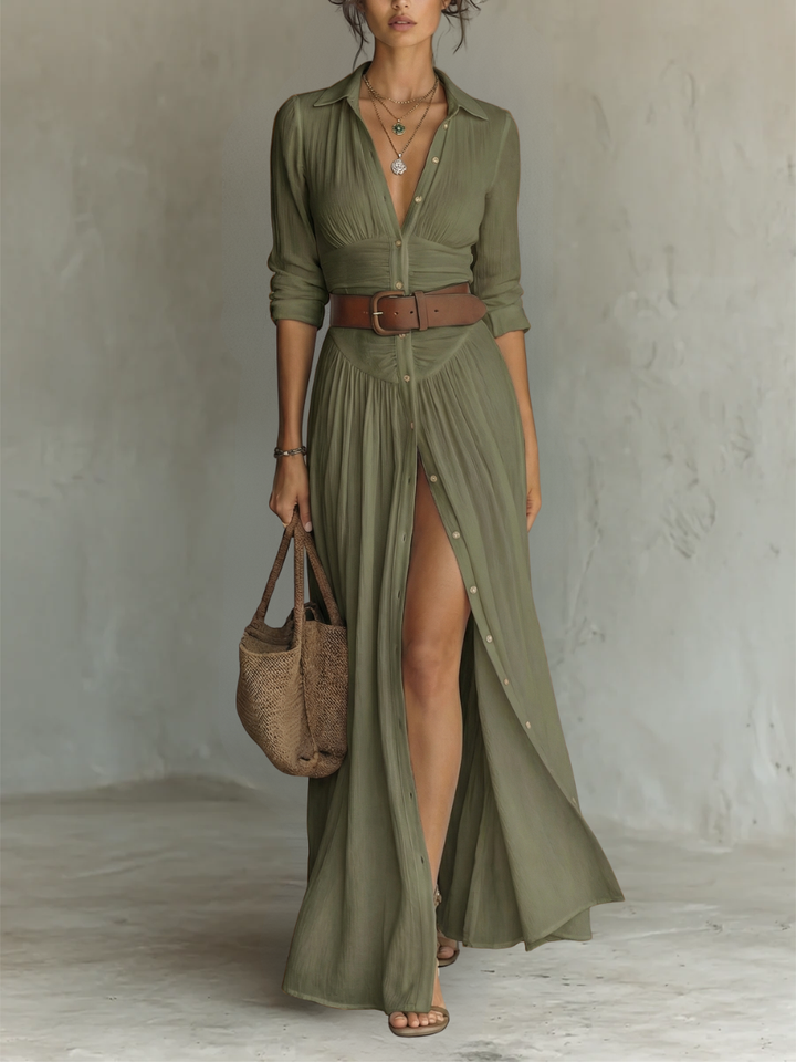 Lora | Long Maxi Linen Dress with Notched Collar and Long Sleeves for Women