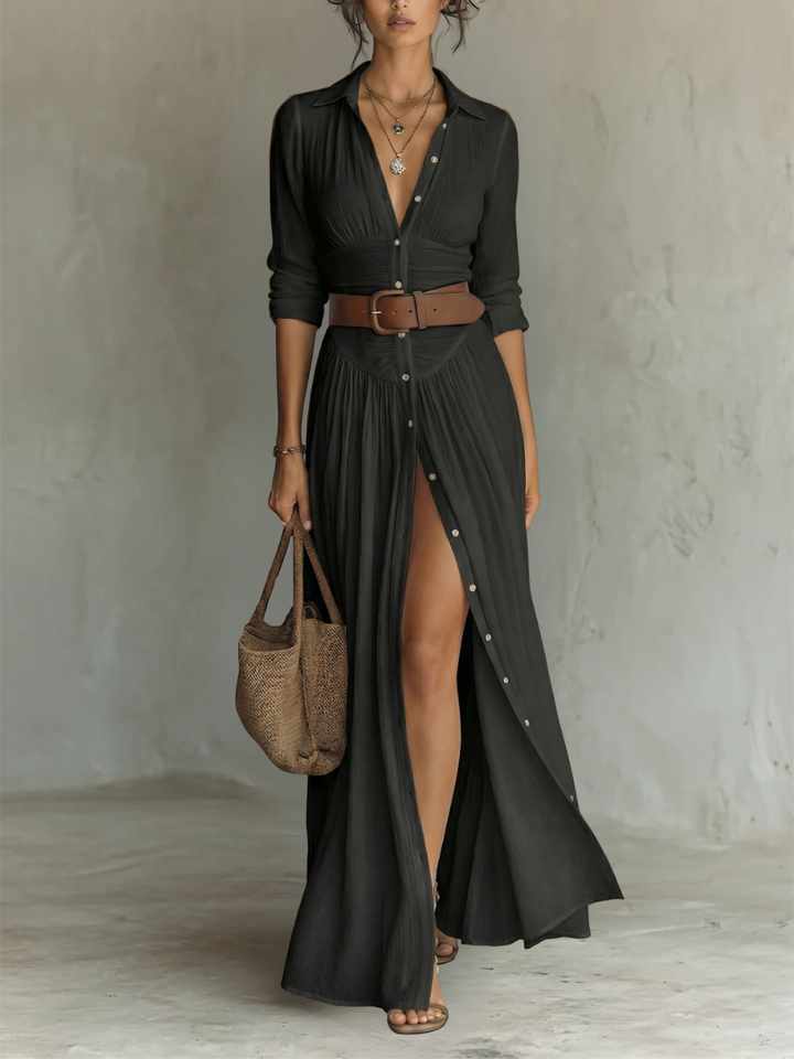 Lora | Long Maxi Linen Dress with Notched Collar and Long Sleeves for Women