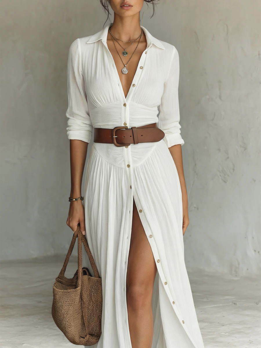 Lora | Long Maxi Linen Dress with Notched Collar and Long Sleeves for Women