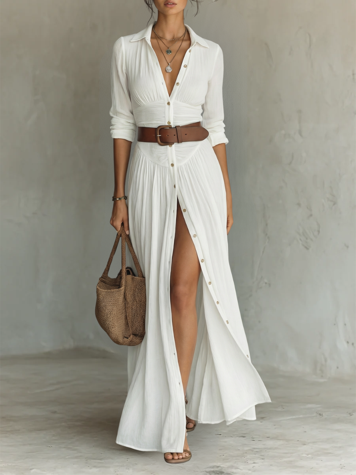 Lora | Long Maxi Linen Dress with Notched Collar and Long Sleeves for Women