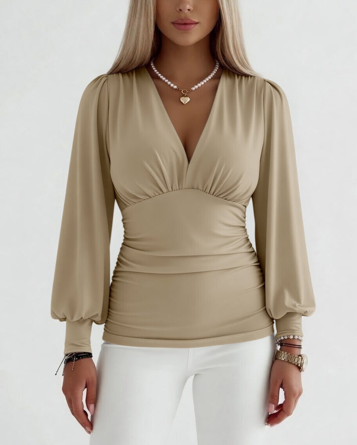 Georgina | Elegant Ruched Deep V-Neck Long Sleeve Blouse