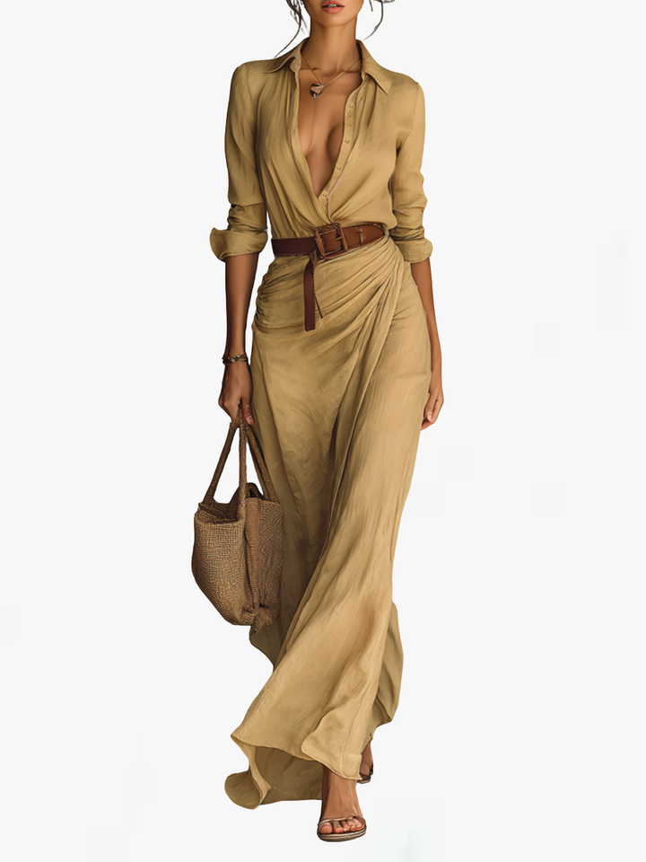 Lora | Maxi Long Dress with Lapel Collar and Long Sleeves for Women