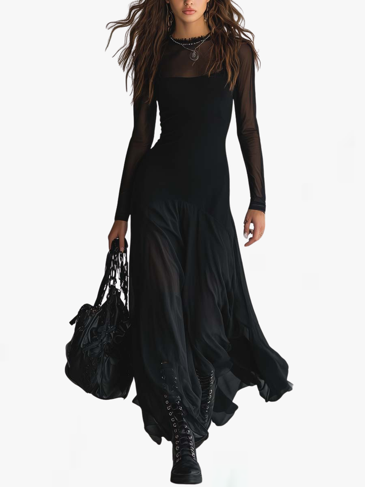 Lora | Black Loose-Fit Tulle Maxi Dress
