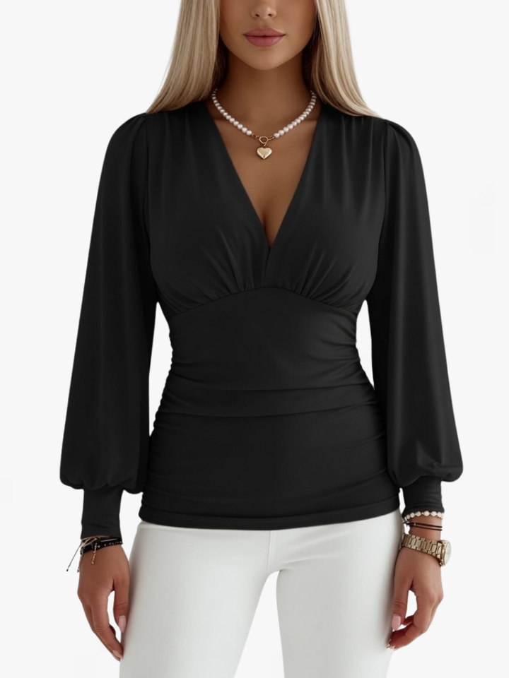 Georgina | Elegant Ruched Deep V-Neck Long Sleeve Blouse
