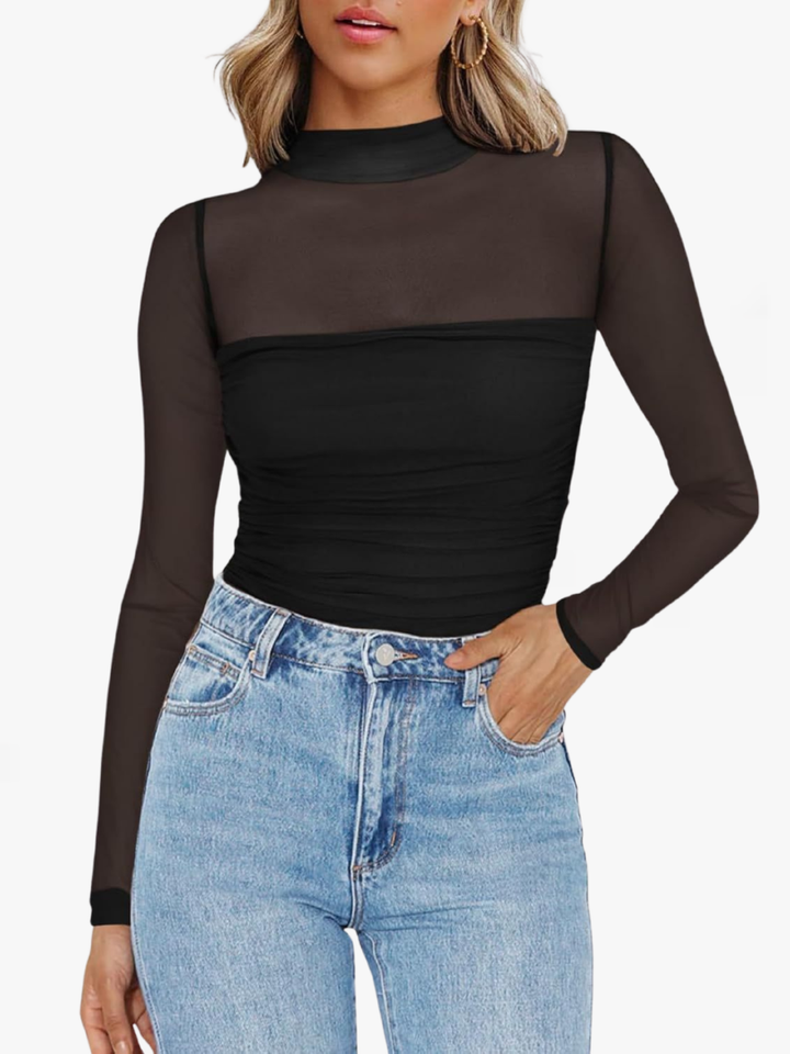 Vega | Chic Sheer Mesh See-Through Long Sleeve Top