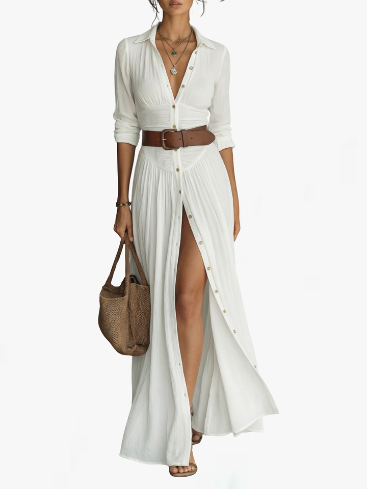 Lora | Long Maxi Linen Dress with Notched Collar and Long Sleeves for Women