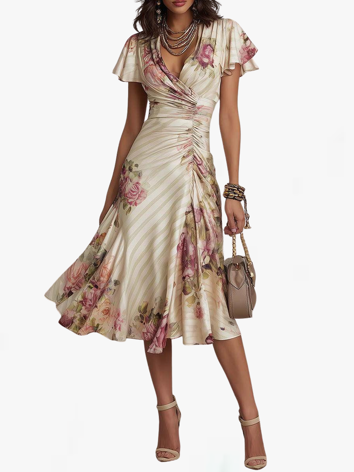 Lora | Groovy Floral Print Short Sleeve Midi Dress