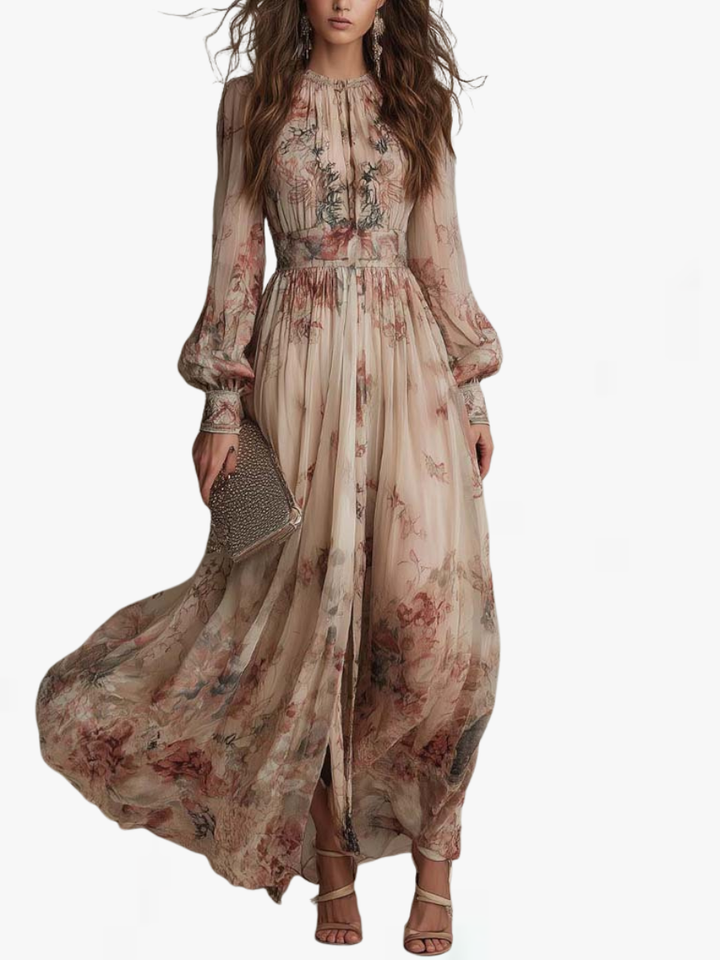 Lora | Vintage Floral Chiffon Long Sleeves Maxi Dress