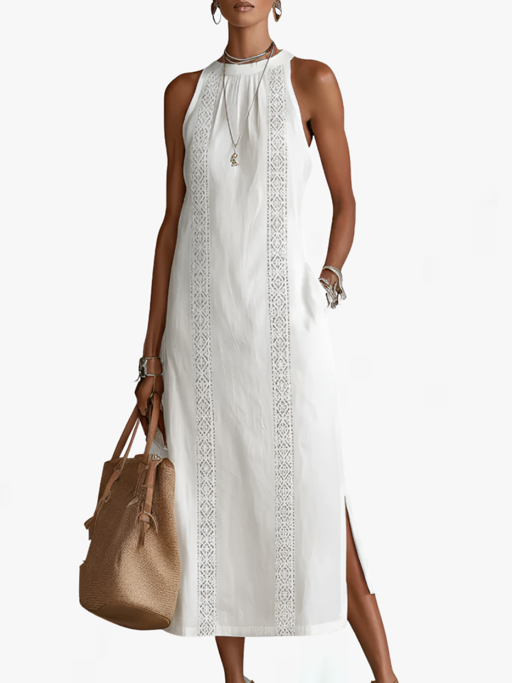 Jimena | Cotton Linen Midi Dress With a Mandarin Collar