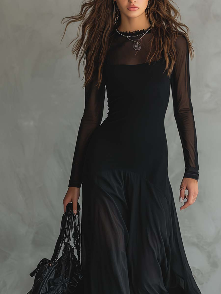 Lora | Black Loose-Fit Tulle Maxi Dress