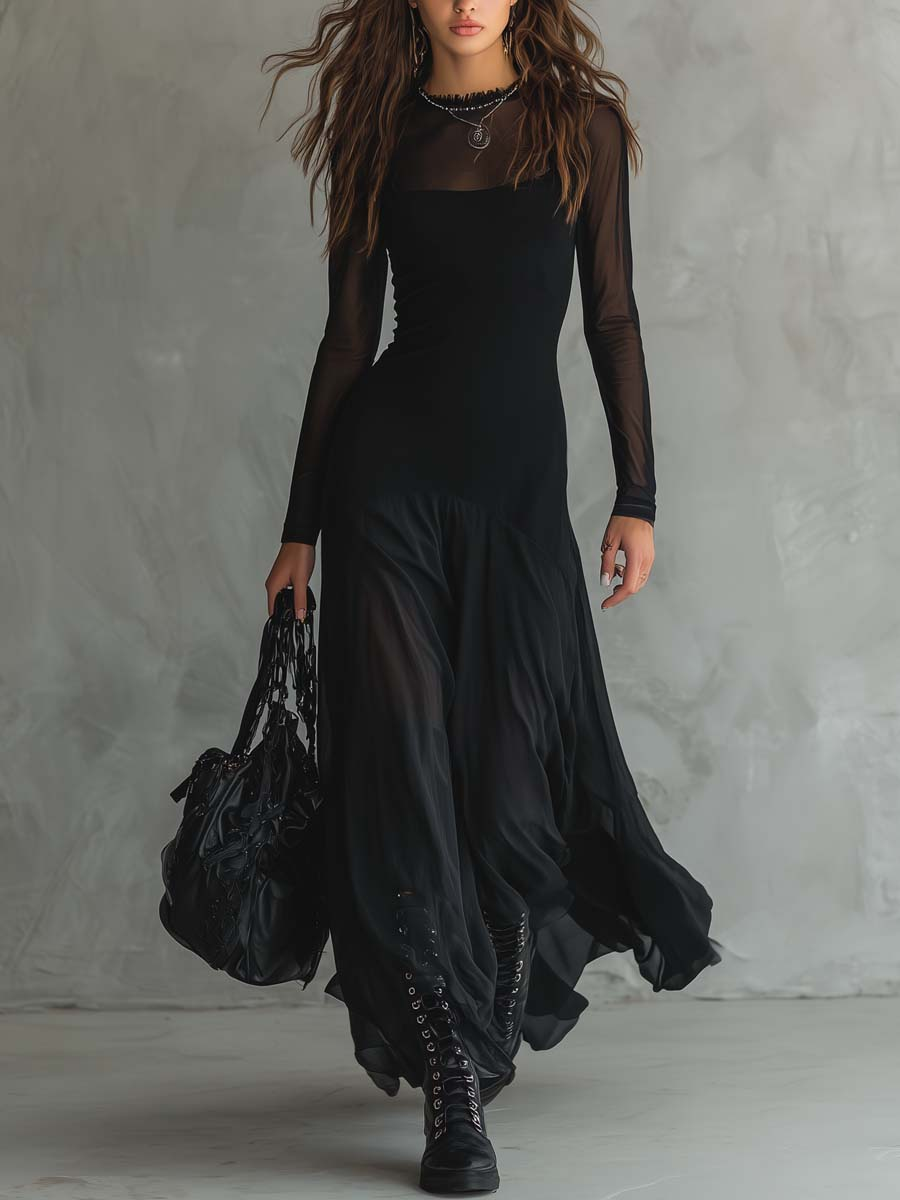 Lora | Black Loose-Fit Tulle Maxi Dress