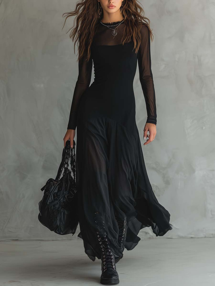 Lora | Black Loose-Fit Tulle Maxi Dress