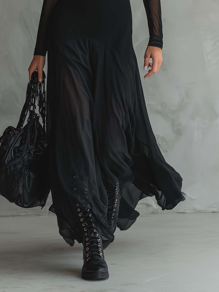 Lora | Black Loose-Fit Tulle Maxi Dress