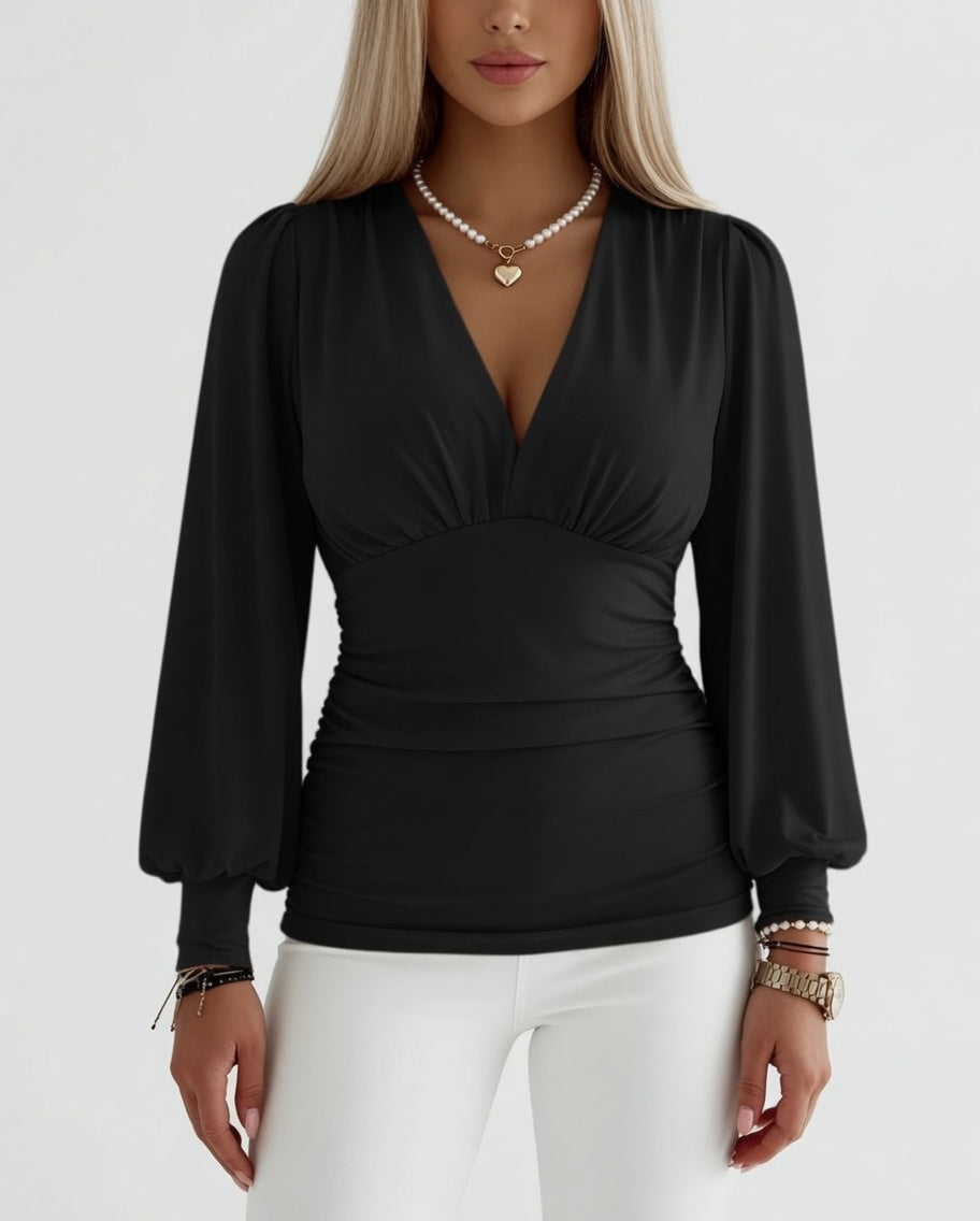 Georgina | Elegant Ruched Deep V-Neck Long Sleeve Blouse