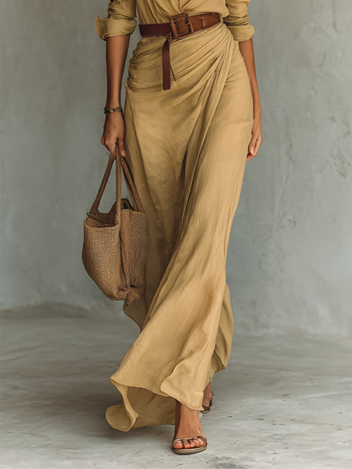 Lora | Maxi Long Dress with Lapel Collar and Long Sleeves for Women