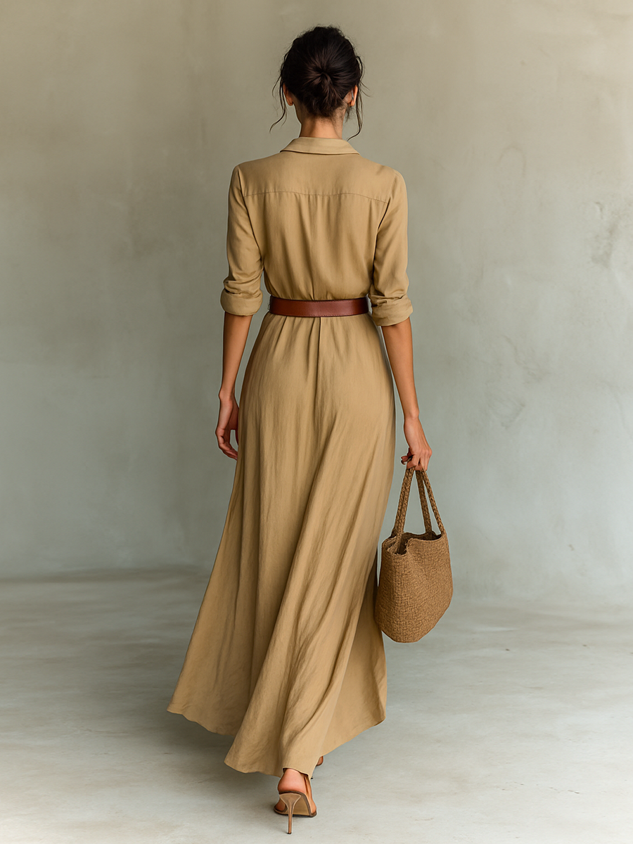 Lora | Maxi Long Dress with Lapel Collar and Long Sleeves for Women