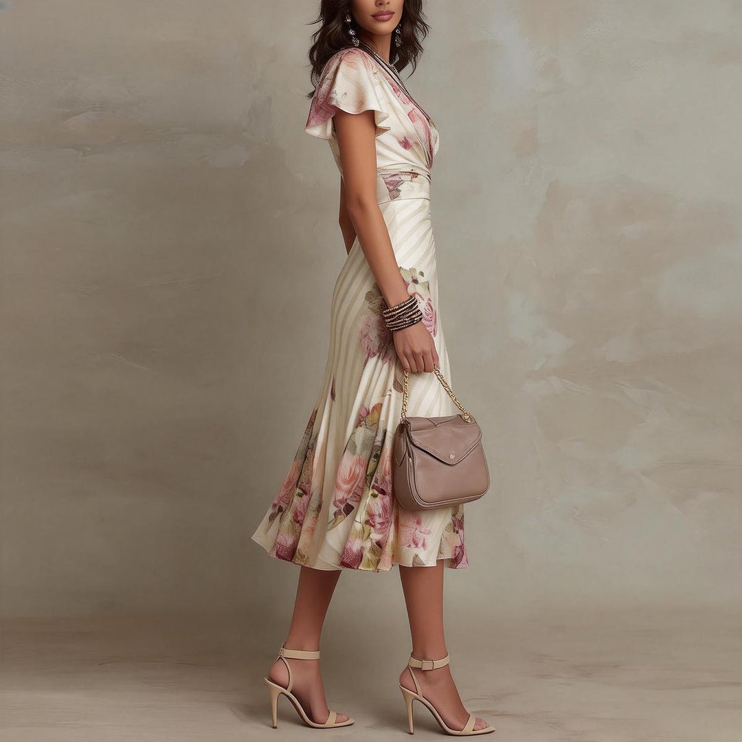 Lora | Groovy Floral Print Short Sleeve Midi Dress