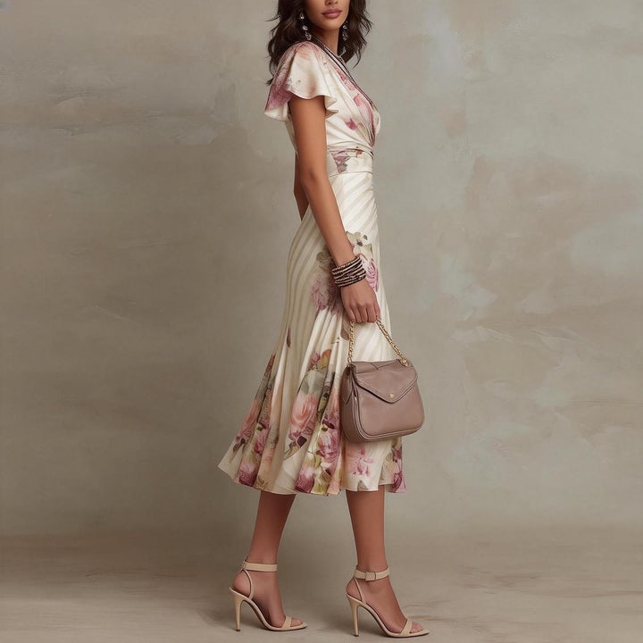 Lora | Groovy Floral Print Short Sleeve Midi Dress