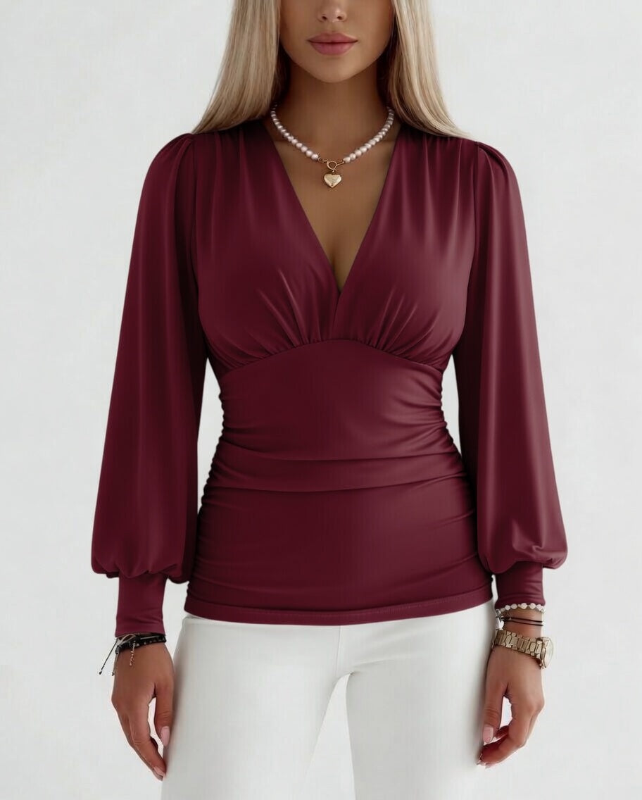 Georgina | Elegant Ruched Deep V-Neck Long Sleeve Blouse