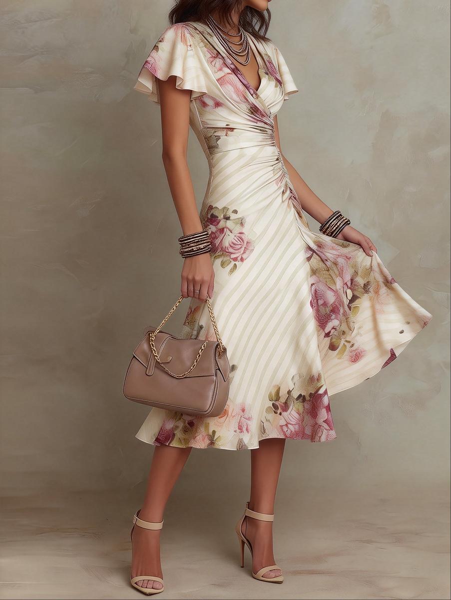Lora | Groovy Floral Print Short Sleeve Midi Dress
